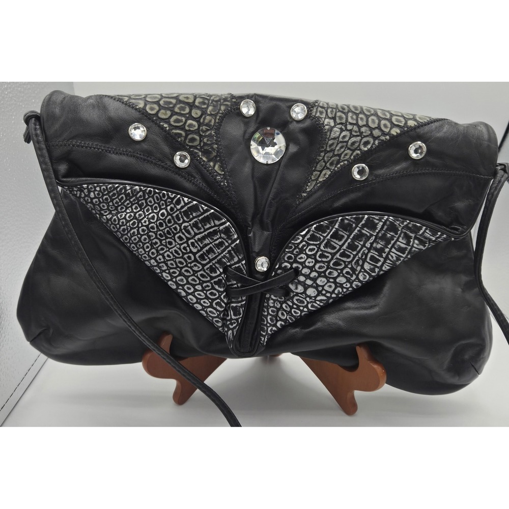 Vintage New York New York Black Leather Rhinestone Butterfly Clutch Bag Strap